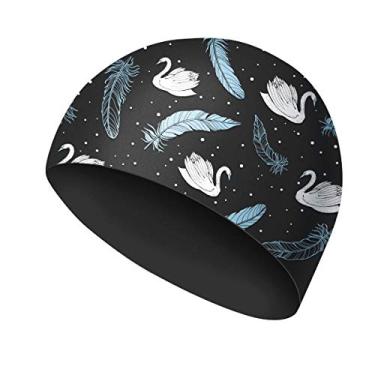 Imagem de WAVEYU Touca de natação para mulheres, toucas de natação de silicone, design fofo, impermeável, confortável, touca de banho para cabelos longos e curtos, preta