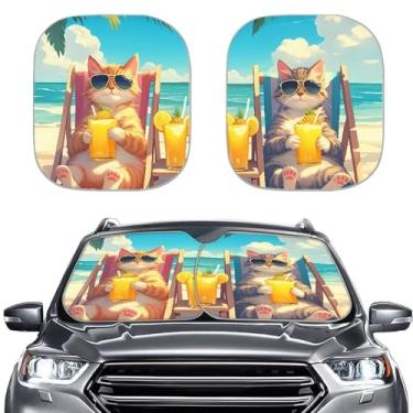 Imagem de AFPANQZ Protetores solares dobráveis para para-brisas com proteção UV com desenho de gatos, ajuste universal, protetor solar para janela, laváveis, dobráveis