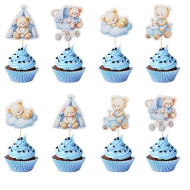 Imagem de Arthsdite 24 peças de enfeite de cupcake de urso de chá de bebê nuvem urso de bebê tenda de chá de bebê cadeira de balanço escolhas de cupcake decorações suprimentos de festa de aniversário para