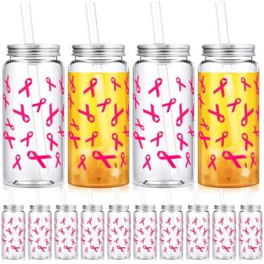 Imagem de Jingmore 24 peças de copos reutilizáveis a granel frascos de plástico de 382 g com tampas e canudos, café, chá, cacau quente, bebida, copo para adultos (conscientização sobre o câncer de mama)
