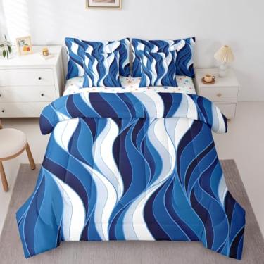 Imagem de Erosebridal Conjunto de cama Queen Size minimalista azul branco, conjunto de cama com listras abstratas, arte contemporânea, geométrico, conjunto de cama em uma bolsa, decoração de quarto listrada