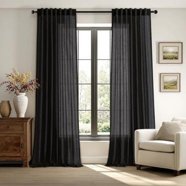 Imagem de Cortinas pretas de linho transparente 228,6 cm de comprimento com aba traseira com filtro de luz, cortinas de sala de estar, mistura de linho, casa de fazenda, minimalista, neutro, semitransparente