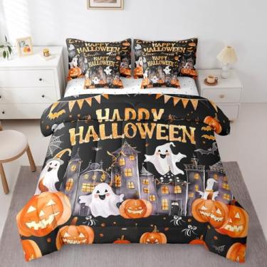 Imagem de Conjunto de edredom infantil Happy Halloween, tamanho queen, fofo, fantasma, morcego, aranha e abóbora, reversível, preto, laranja, aquarela com edredom, lençol e fronha