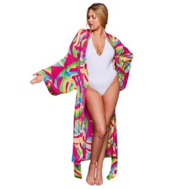 Imagem de Saída de Praia Piscina Kimono Manga Longa com Cinto Estampa Geométrica