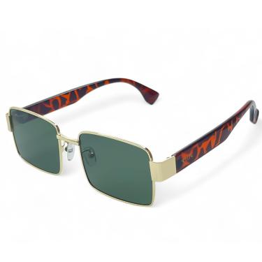 Imagem de ÓCULOS DE SOL SOLON GLASSES RETANGULAR DOURADO COM ONÇA COM PROTEÇÃO UV400 + CASE RIGIDA + FLANELA + LIMPA LENTES