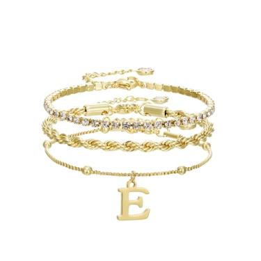 Imagem de Pulseiras de ouro para mulheres – Conjunto de joias de pilha de pulseiras de ouro delicadas com iniciais personalizadas, linda caixa de corda, corrente de corrente, pulseiras de tênis, presentes para