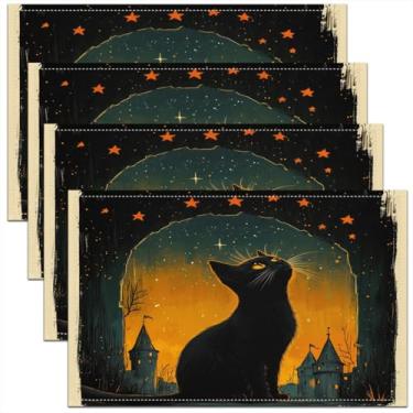 Imagem de meiyoeat Jogo americano gótico de gato preto, conjunto de 4, tapetes de mesa com estampa de lua e estrela, crianças, meninos, meninas, galáxia, gato preto, para cozinha, decoração de mesa de jantar