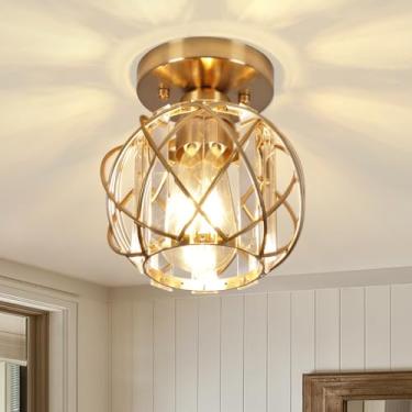 Imagem de Loiogohot Luminárias de teto de corredor, luminária de teto de montagem semiembutida gaiola de metal dourado luzes de teto industriais internas para quarto, quarto, corredor, banheiro, entrada