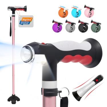 Imagem de BigAlex Bengala de caminhada dobrável com duas luzes de LED para idosos base sólida ajustável com bolsa de transporte para homens e mulheres