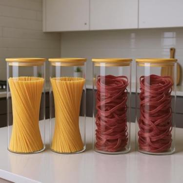 Imagem de Kit Conjunto 4 Potes de Vidro Hermético Tampa de Bambu com Vedação e Silicone Armazenar Alimentos Mantimentos