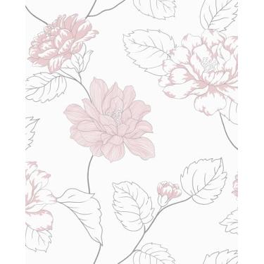 Imagem de Guvana Papel de parede rosa e branco de 44 cm x 500 cm Papel de parede floral para contato morden papel de parede rosa grande flor autoadesivo impermeável para decoração de sala de estar e banheiro