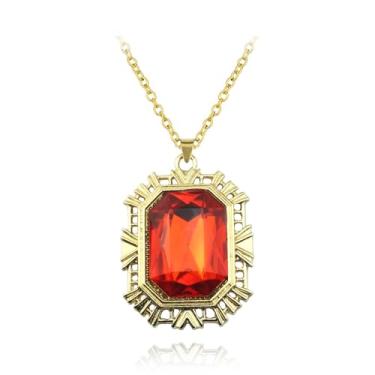 Imagem de DIAMANTIO Colar banhado a ouro 18K vintage banhado a ouro com grande cristal de corte esmeralda vermelha – Joias com pingente de declaração Art Deco