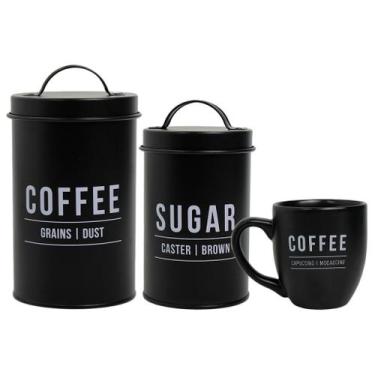 Imagem de Kit Pote Lata Açúcar + Pote Lata Café + Caneca 300ml Manhattan Preto -