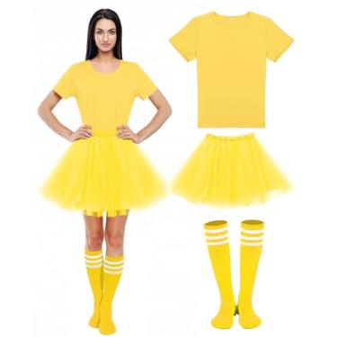 Imagem de Shyyween 3 peças de fantasia feminina tutu doce de Halloween para adultos, saia tutu de tule, com meias tubulares, camiseta para festa de cosplay em equipe, Amarelo, One Size