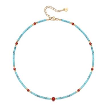 Imagem de Stjarna Gargantilha feminina turquesa com contas de ágata vermelha feita à mão para o verão, joia de pedra natural