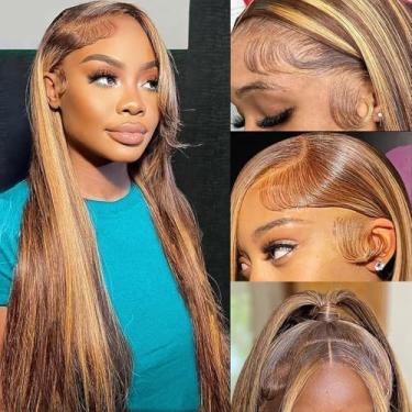Imagem de Peruca frontal de renda ombré, cabelo humano, 66 cm, loiro mel, cabelo humano, 33 x 10 cm, peruca frontal reta, pré-arrancada, densidade de 180%, sem cola, 4/27, perucas lisas coloridas, cabelo humano