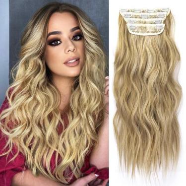 Imagem de Extensões de cabelo loiro longas e onduladas de 20 polegadas, 4 peças,