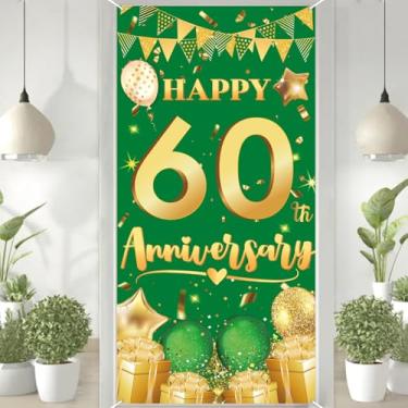 Imagem de Decoração de banner de porta de feliz aniversário de 60 anos de ouro verde de 9,5 m x 1,8 m, capa de porta feliz para decoração de aniversário ao ar livre.