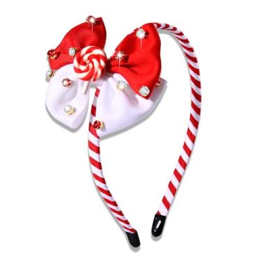 Imagem de YAHPERN Faixa de cabeça para mulheres, meninas, laço manchado, bengala doce, pirulito, Natal, Halloween, férias, acessórios, fantasia de Candyland, presentes de festa de aniversário (vermelho branco)