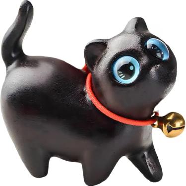 Imagem de ZKSYLSM Enchanted Mini Wooden Cat Figurine - Black Kitty Statue with Blue Eyes and Bell, 1.7" Cute Desk Decor, for Cat Lovers, Kawaii Animal Collectible for Shelf & Home