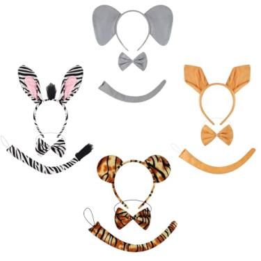 Imagem de Xerteam 4 conjuntos de orelhas de animais para adultos, fantasia de animal adulto com leão + girafa + zebra + fantasia de tigre, tiaras/gravata de Halloween para homens e mulheres