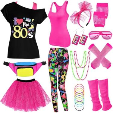 Imagem de Conjunto de acessórios femininos de roupa dos anos 80, camiseta regata leggings tutu saia fanny pack para Halloween, festa neon dos anos 80, leggings coloridas, colete rosa, médio