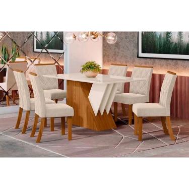 Imagem de Conjunto: Mesa de Cozinha Épic SC24 Tampo Madeirado c/ Vidro Canto Curvo 160x90cm e 6 Cadeiras Vita Nature/Suede Light Linho - Henn