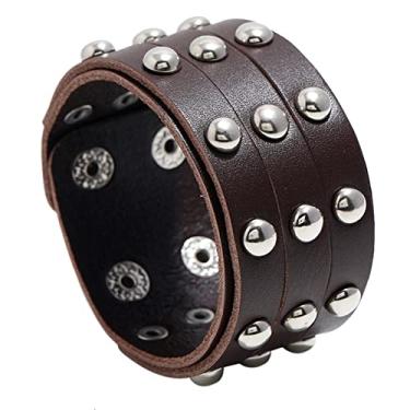 Imagem de WODOUKEI Pulseiras masculinas de couro genuíno punk metal rock para homens e mulheres, pulseiras de contas de metal emo pulseiras ajustáveis, Aço inoxidável Prata Couro, Sem pedras preciosas