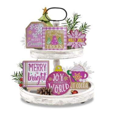 Imagem de Guoofu 11 peças de decoração de bandeja em camadas rosa, árvore de Natal, cacau quente, floco de neve, conjunto de decorações de madeira, casa de fazenda, xadrez de inverno, placas decorativas de
