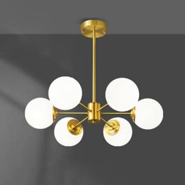 Imagem de Lustre moderno dourado Lustre de latão escovado Luz de teto Vidro leitoso Pendurado Luminárias Lustre de quarto para sala de jantar Sala de estar Cozinha Ilha Banheiro, 6 luzes