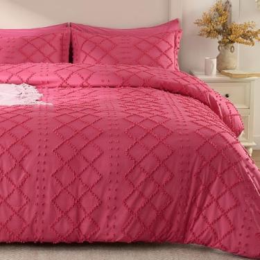 Imagem de VACVELT 5 peças de capa de edredom boho, tamanho casal, capa de edredom adornada rosa choque com zíper e 8 laços, sem edredom, roupa de cama texturizada chique para fazenda, microfibra respirável e