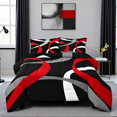 Imagem de Castle Fairy Conjunto de edredom Queen, vermelho, cinza, preto, geométrico, listrado, abstrato, artístico, 3 peças, para decoração de quarto de crianças, adolescentes, mulheres, adultos, enchimento de