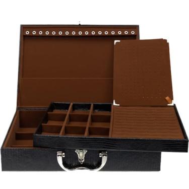 Imagem de Porta Joias Grande Em Maleta Dupla - Organizador Com VáRias Bandejas Para Bijuterias, Ideal Para Viagem - Caixa Grande Para Guardar Toda Sua ColeçãO(Preto c/Marrom)