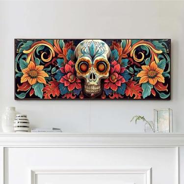 Imagem de VAIIEYO Kits de arte de diamante grande para adultos crânio, flor de arte de diamante, kits de pintura de diamante grande, tela de artesanato de strass redondo para decoração de parede de casa