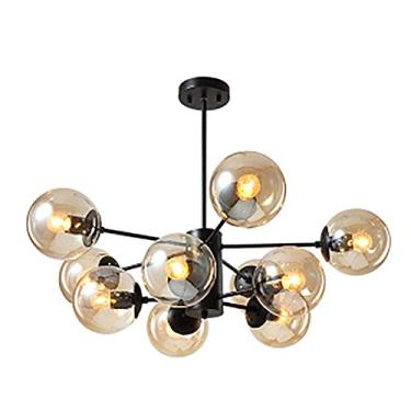 Imagem de Luminária de lustre preto moderno de meados do século com abajur de vidro, luz de teto semi-embutida para decoração de casa, luminária pendente de 6 cabeças na cor conhaque