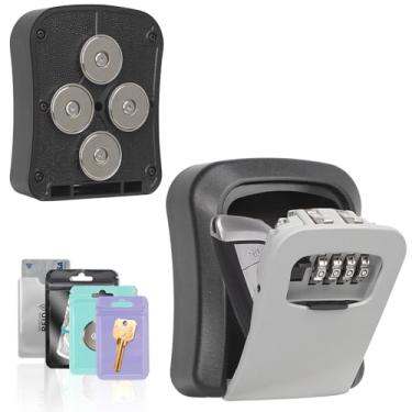 Imagem de SegurançaSuporte magnético para chaves sob o carro, esconda uma chave do lado de fora com caixa de fechadura combinada, cofre de código de segurança seguro redefinível com 4 ímãs fortes, caixa