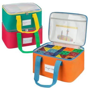 Imagem de Pacote com 3 sacos grandes de armazenamento de azulejos magnéticos, caixa organizadora de brinquedos com bolso de malha e bolso para etiqueta para construção de ímãs, jogos de tabuleiro, quebra-cabeça