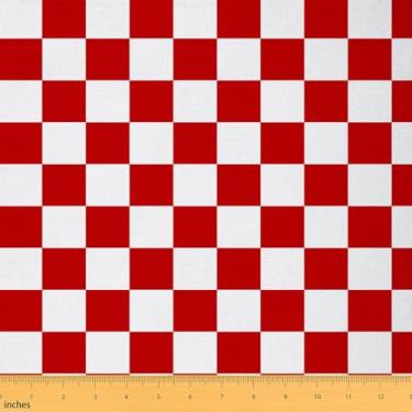 Imagem de Tecido quadriculado retrô adolescentes mulheres homens vermelho branco tecido estofado xadrez para cadeiras sofá sofá crianças meninos meninas geométrico vintage para projetos de casa DIY, decoração