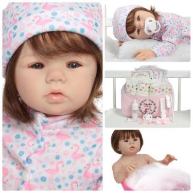 Imagem de Boneca Reborn Fio a Fio Pijama Flamingo Bolsa Kit Itens - Cegonha Rebo