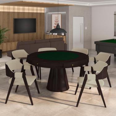 Imagem de Conjunto Mesa de Jogos Carteado Bellagio Tampo Reversível Verde e 6 Cadeiras Madeira Poker Base Cone Linho OffWhite/Tabaco G42 - Gran Belo