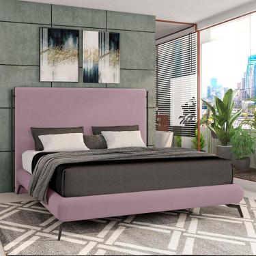 Imagem de Conjunto Cabeceira e Base para Colchão Casal Bezos com pés em Alumínio Veludo Rosê G91 - Gran Belo