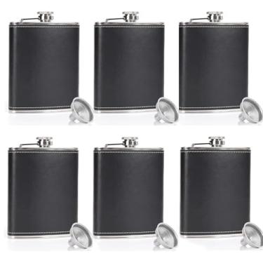 Imagem de LHD HOME Frascos de quadril para homens e mulheres, 6 peças, 236 ml, cantil de couro de aço inoxidável com 6 funis para uísque rum, padrinho, padrinho, casamento, acampamento, aniversários