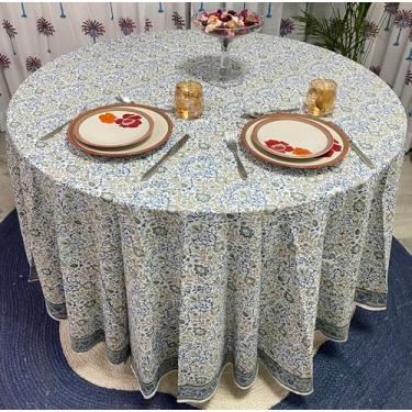 Imagem de Ridhi Toalha de mesa redonda – Impressão em bloco de mão, 100% algodão, reutilizável, flor índigo, 152 cm, decoração para jantar, casa, festa, casamento, fazenda, outono, ação de graças