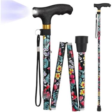 Imagem de JUNRA Bengala dobrável de caminhada com luz LED para mulheres e homens, bengala dobrável portátil, bengala de alumínio dobrável, leve e ajustável para idosos Preta