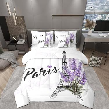 Imagem de Conjunto de edredom infantil da Torre Eiffel, 7 peças, tamanho Queen, estampa de flores de lavanda roxa, reversível, romântico, cidade de Paris, jogo de cama com edredom, lençol e fronha
