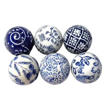 Imagem de NACX Bolas de cerâmica de porcelana azul e branca de 60 mm/2,4 polegadas, esfera de porcelana decorativa de Natal para mesa de jantar de festa de Natal, 6 peças