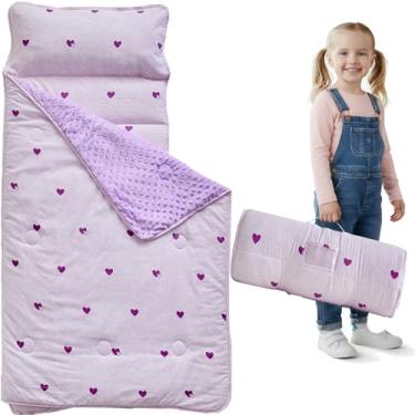 Imagem de Tapete de cochilo infantil com travesseiro e cobertor, sacos de dormir roxos para meninas, sacos de dormir infantis ultra macios com design de enrolar, perfeito para pré-escola, creche, jardim de
