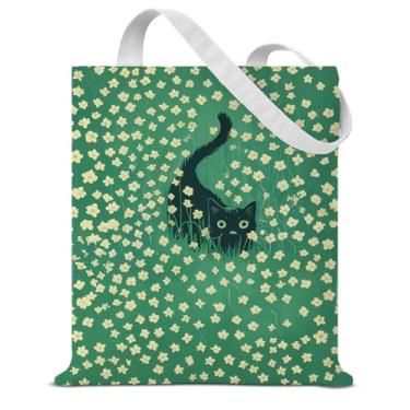 Imagem de Bolsa de ombro feminina de lona de gato com flores estética, floral, reutilizável, para compras, academia, trabalho, amantes de gatos, presentes
