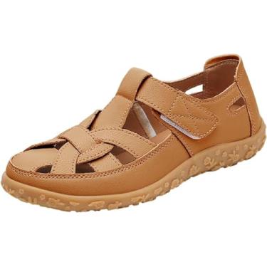 Imagem de Sandália feminina de couro, respirável, vazada, fechada, gladiador, praia, tira ajustável no tornozelo, Cáqui, 38 BR