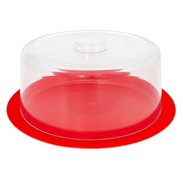 Imagem de Boleira Redonda Com Tampa Transparente Bandeja Suporte Pudim Prato Porta Bolo Torta Queijeira Cores (Vermelho)